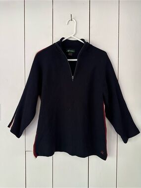 VTG EMS 100% Wool Quarter Zip Sweater Sz S Navy With Red White Side Stripe